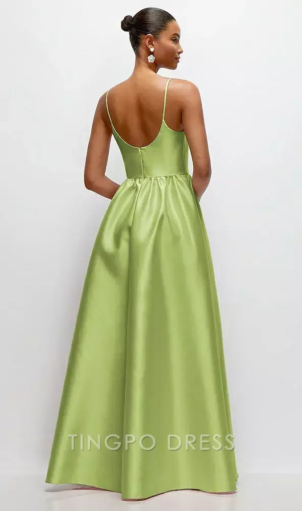 Elegant A-Line Scoop Neck Drop Basque Skirt Satin Maxi Dress with Pockets Prom Dress